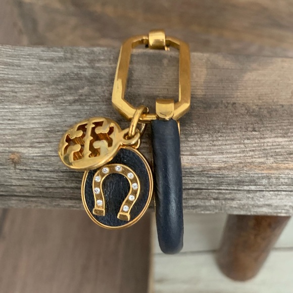 Tory Burch Jewelry - Tory Burch Leather Navy & Gold Logo Drop Bracelet